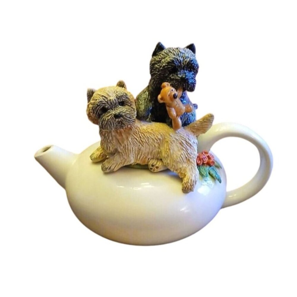 Teapot 2 Carin Terriers‎ Dogs Lid Artisan Made & Signed Ceramic & Floral Accent